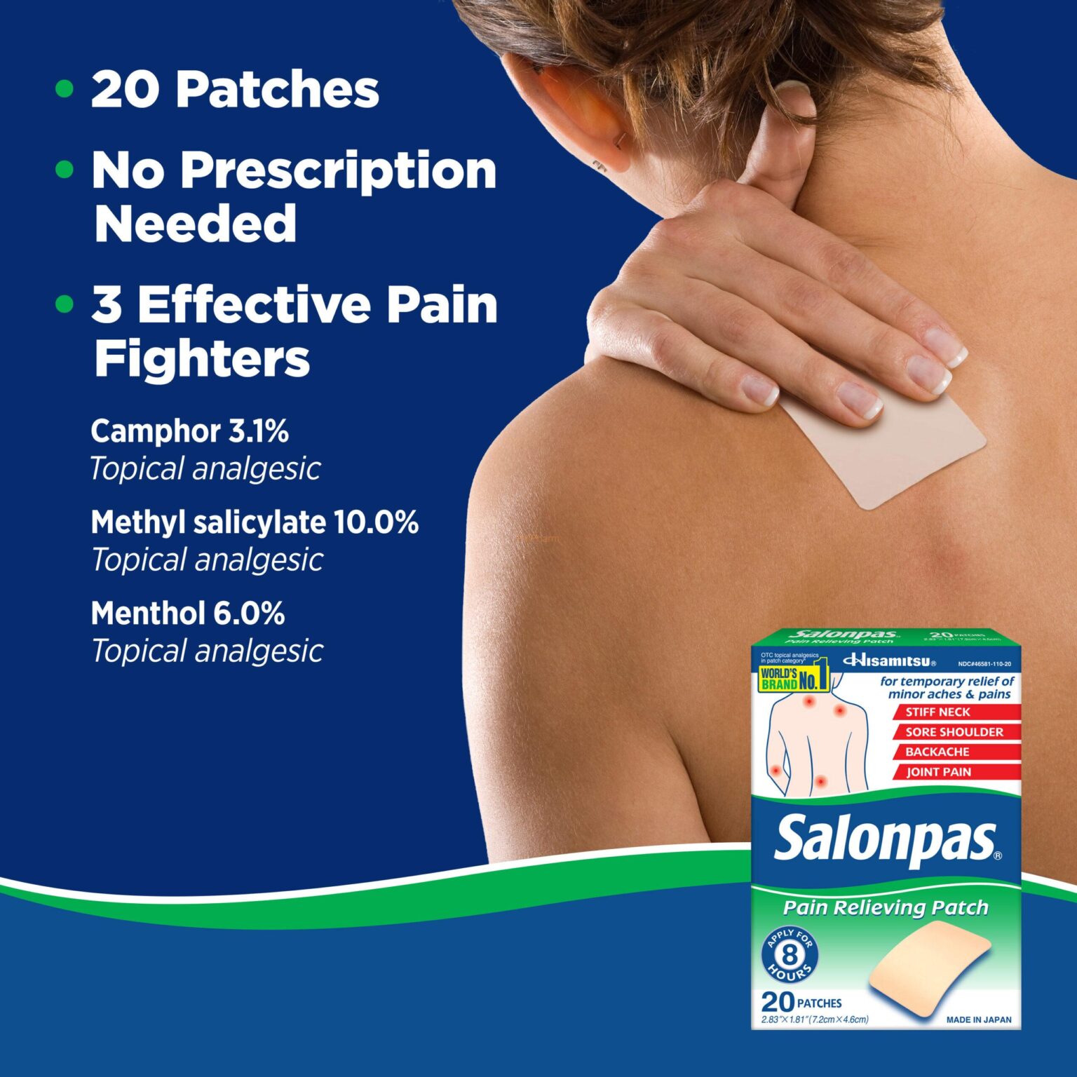 Salonpas Pain Relieving Patch, 8-Hour Pain Relief - 20 Patches - Image 2