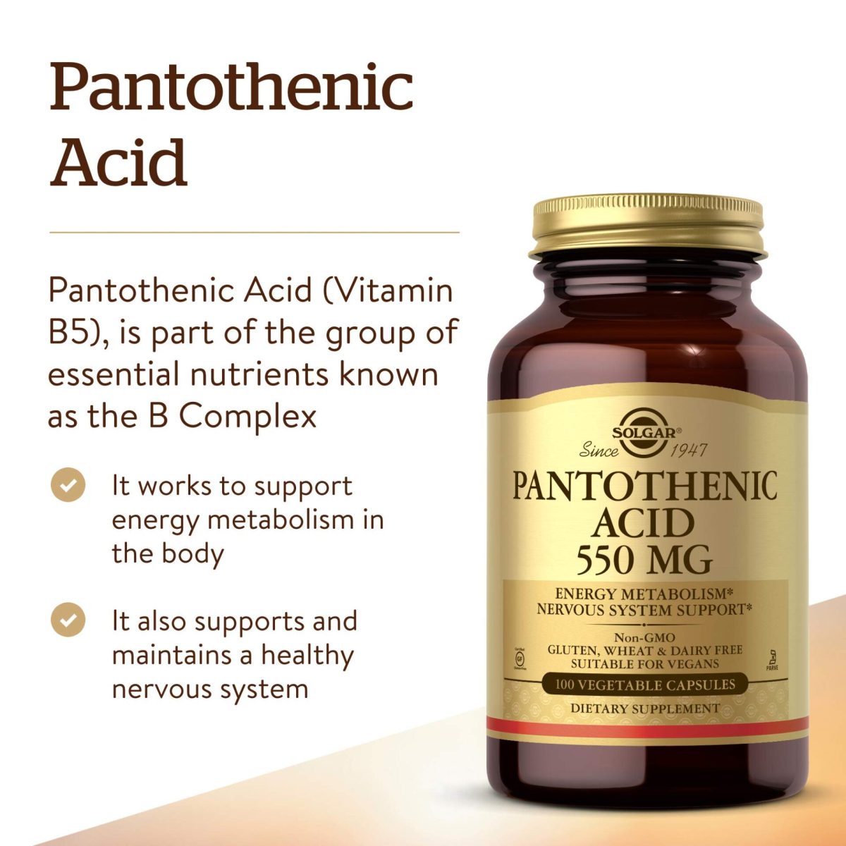 Solgar Pantothenic Acid 550mg Vegetable Capsules 100's - Image 1