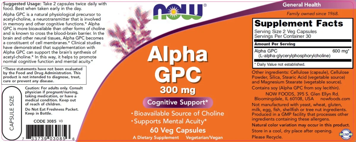 NOW Foods Alpha GPC 300mg Caps 60's - Image 2